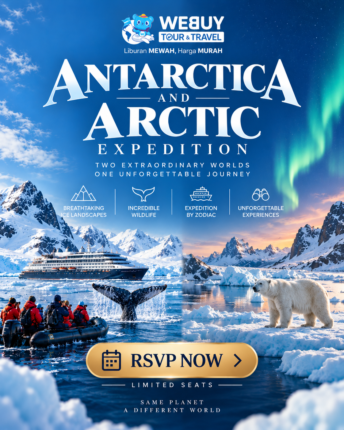 WEBUY Tour & Travel Antarctica and Arctic Expedition: breathtaking ice landscapes, incredible wildlife, expedition by Zodiac, and unforgettable experiences. RSVP now.